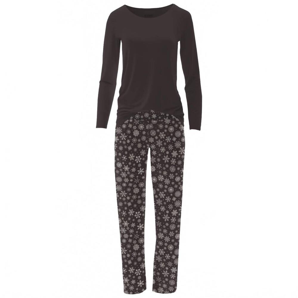 NEW KICKEE women's long sleeve relaxed tee & pajama pants set in chalkboard snow